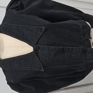 Women's Black Puffed Sleeves Boxy Cropped Denim Jacket Medium